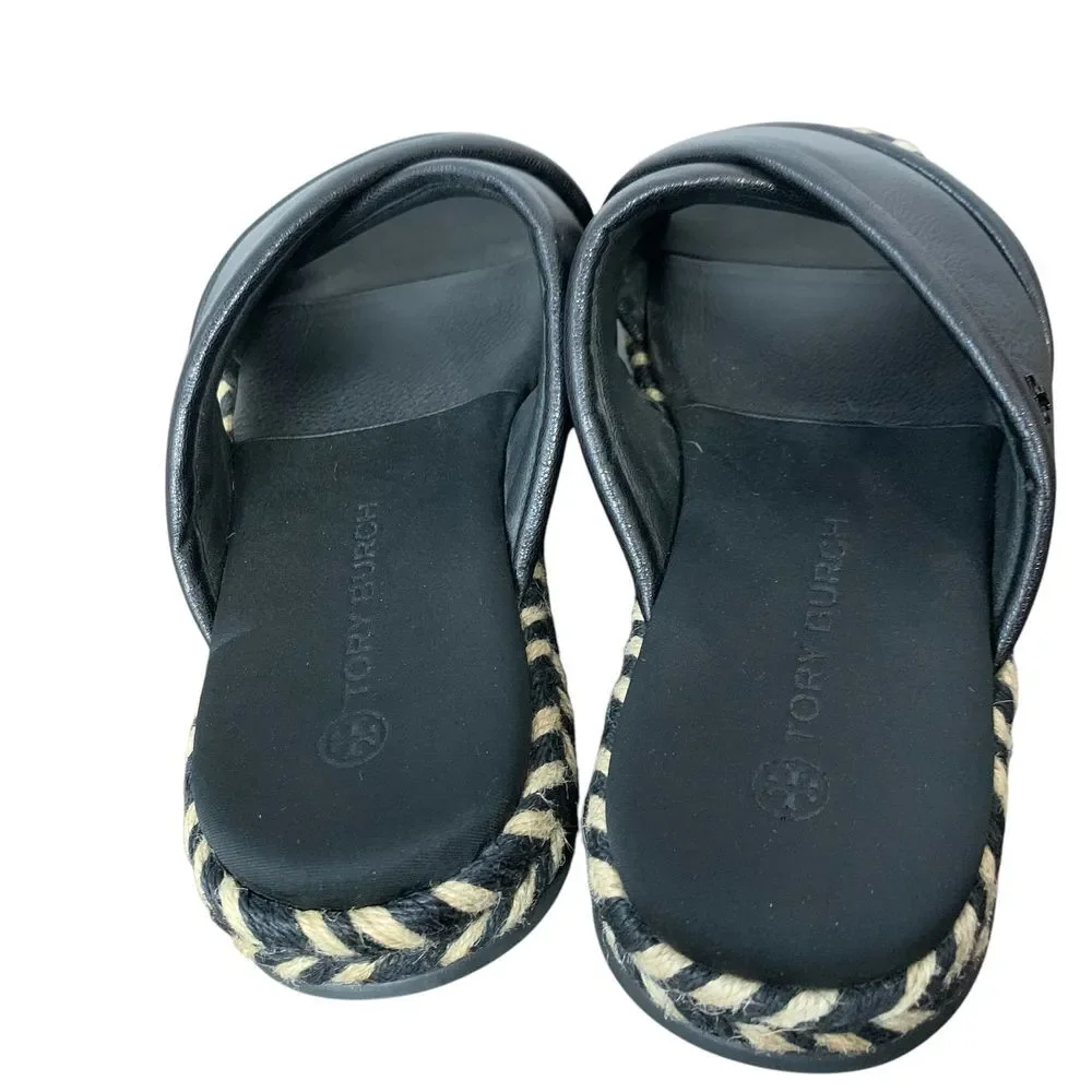 Tory Burch NWOT Cross Strap Puffy Slides Espadrille Platform Sandal Black Size 9